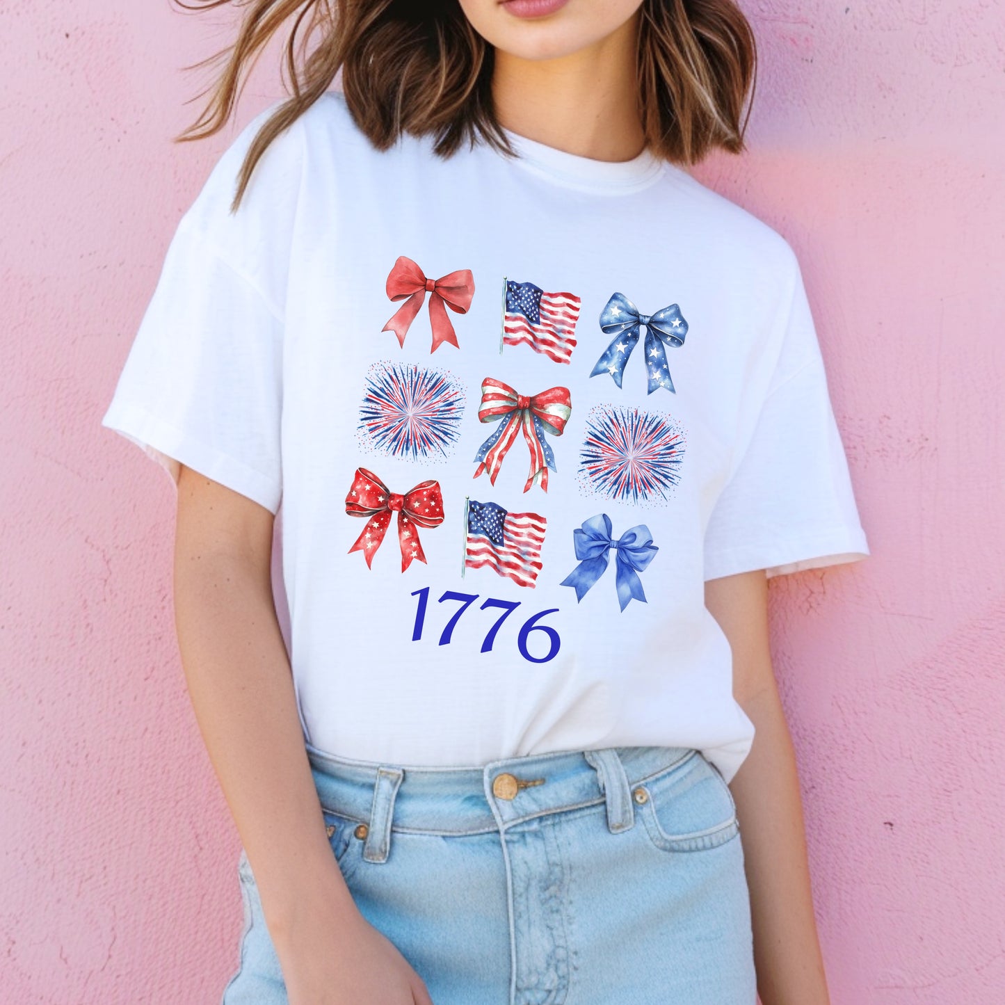 Independence Day, Flags, Bows, Patriotic Tee, 1776, 4th of July, USA