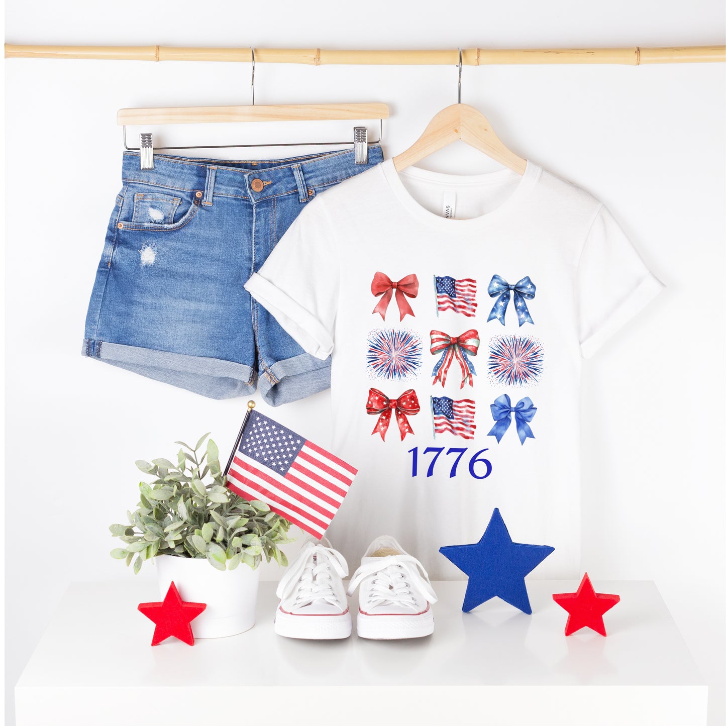 Independence Day, Flags, Bows, Patriotic Tee, 1776, 4th of July, USA