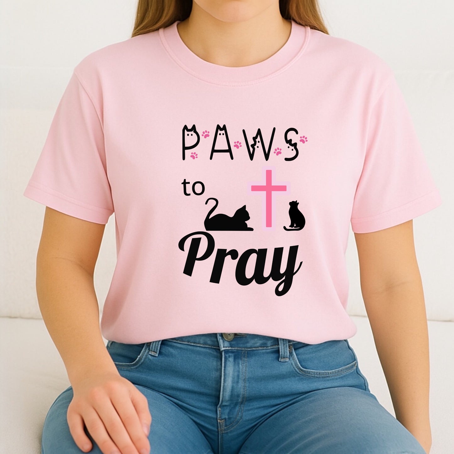 'Paws to Pray' Ladies Soft T-shirt, Prayer Jesus and Cat Lover Top