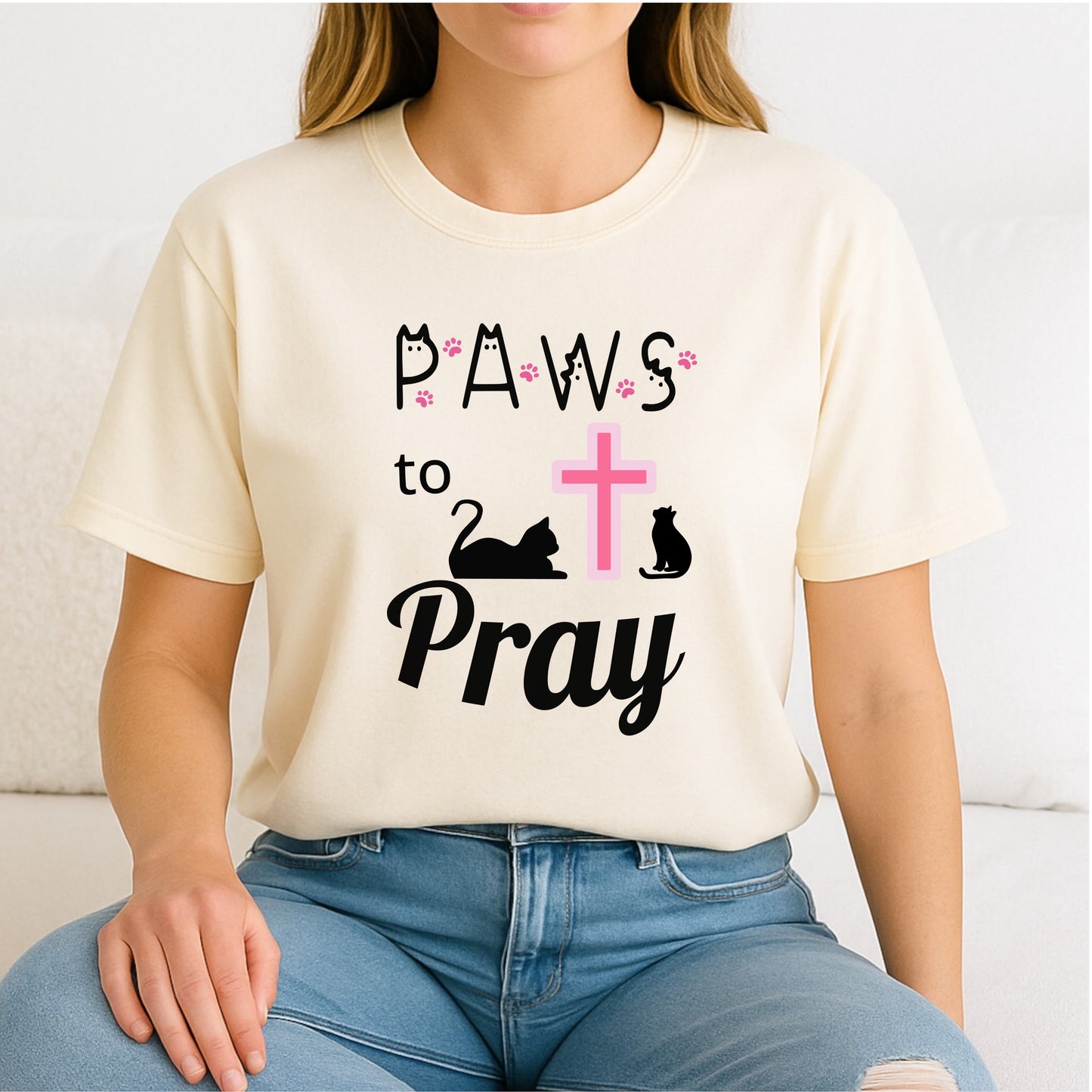 'Paws to Pray' Ladies Soft T-shirt, Prayer Jesus and Cat Lover Top