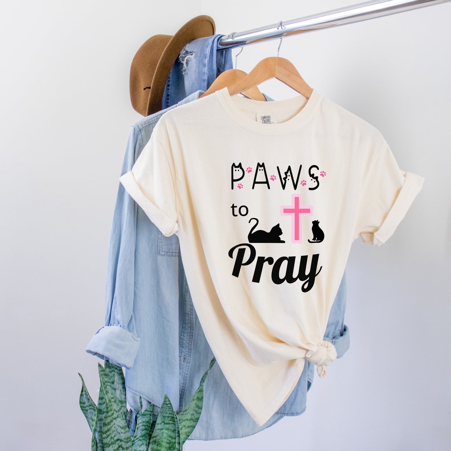 'Paws to Pray' Ladies Soft T-shirt, Prayer Jesus and Cat Lover Top