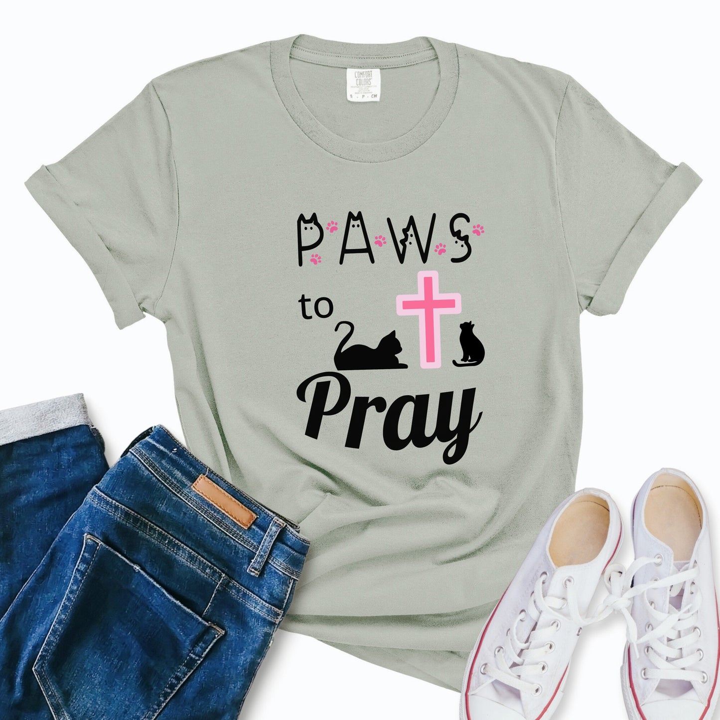 'Paws to Pray' Ladies Soft T-shirt, Prayer Jesus and Cat Lover Top
