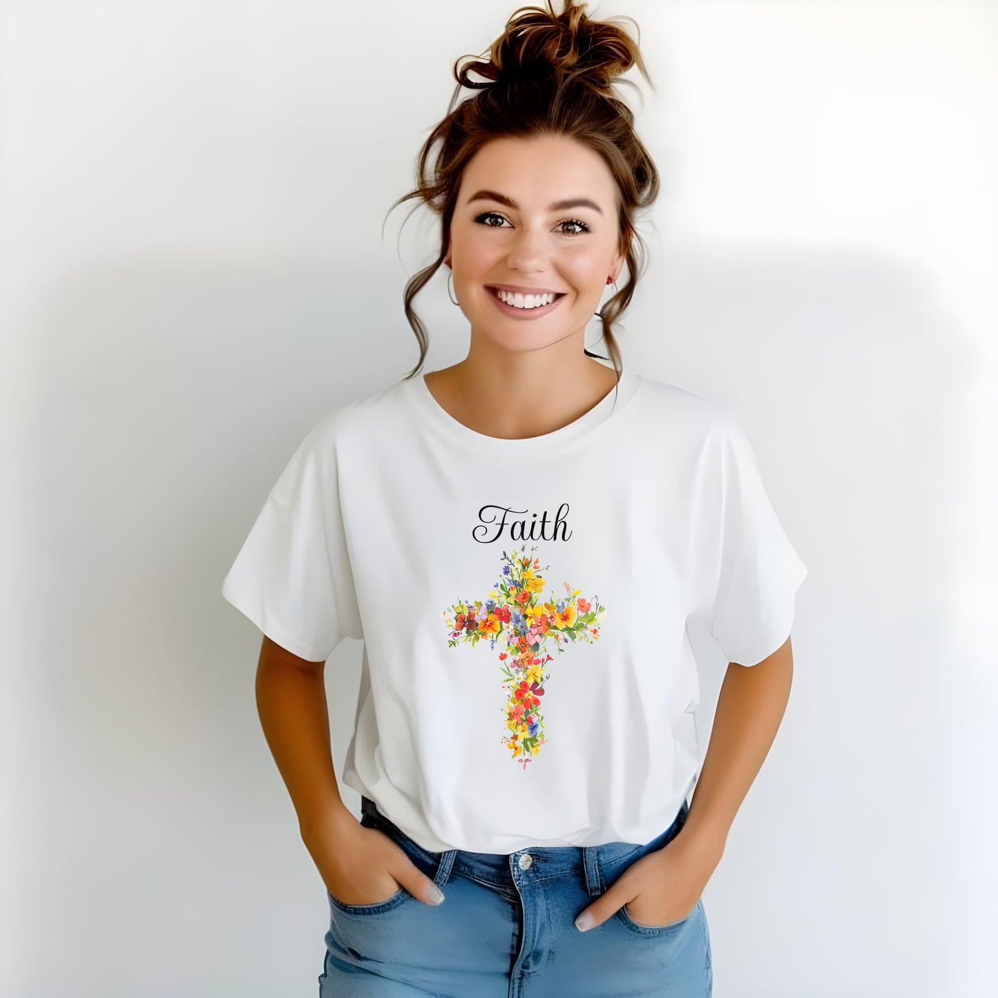 Floral Cross 'Faith' Tee, Christian Inspirational Shirt, Religious Gift for Her, Women's Soft Cotton T-Shirt, Gift Idea, Relaxed Style Tee