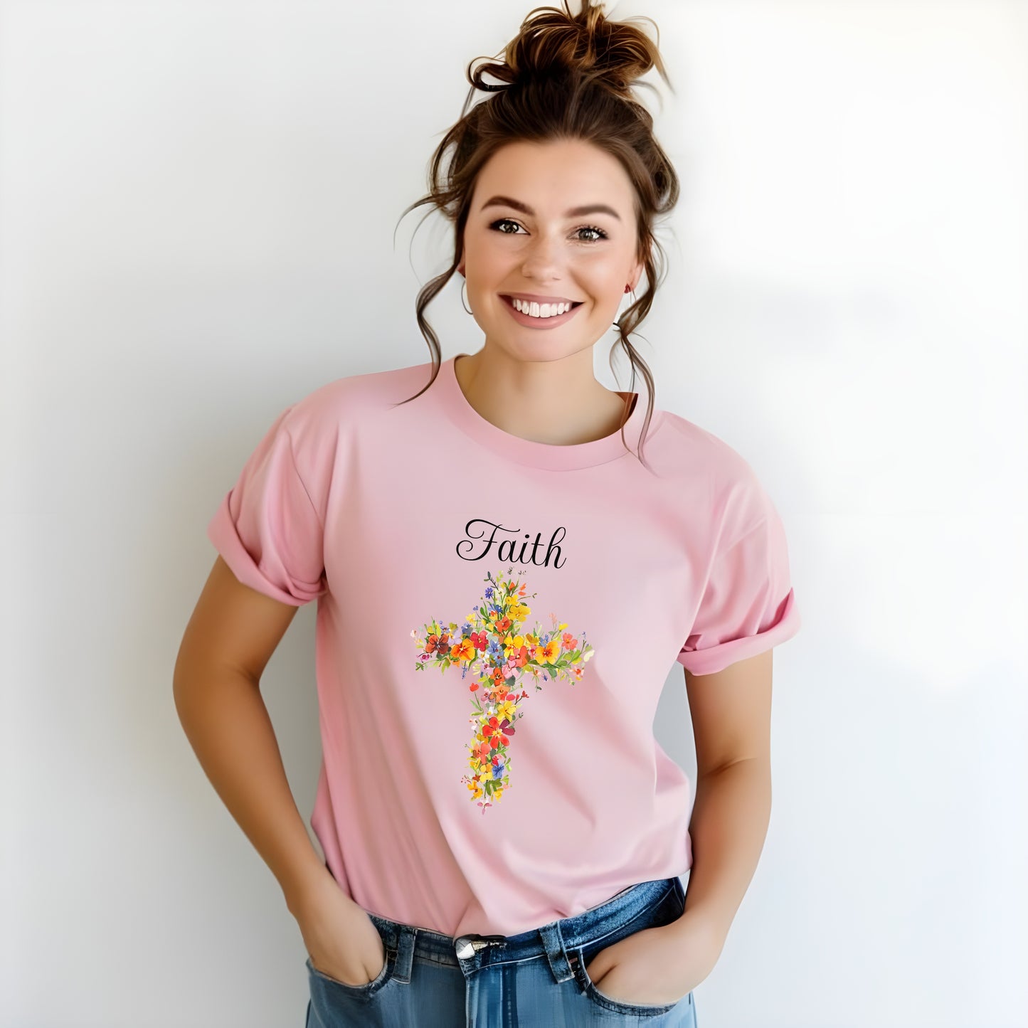 Floral Cross 'Faith' Tee, Christian Inspirational Shirt, Religious Gift for Her, Women's Soft Cotton T-Shirt, Gift Idea, Relaxed Style Tee