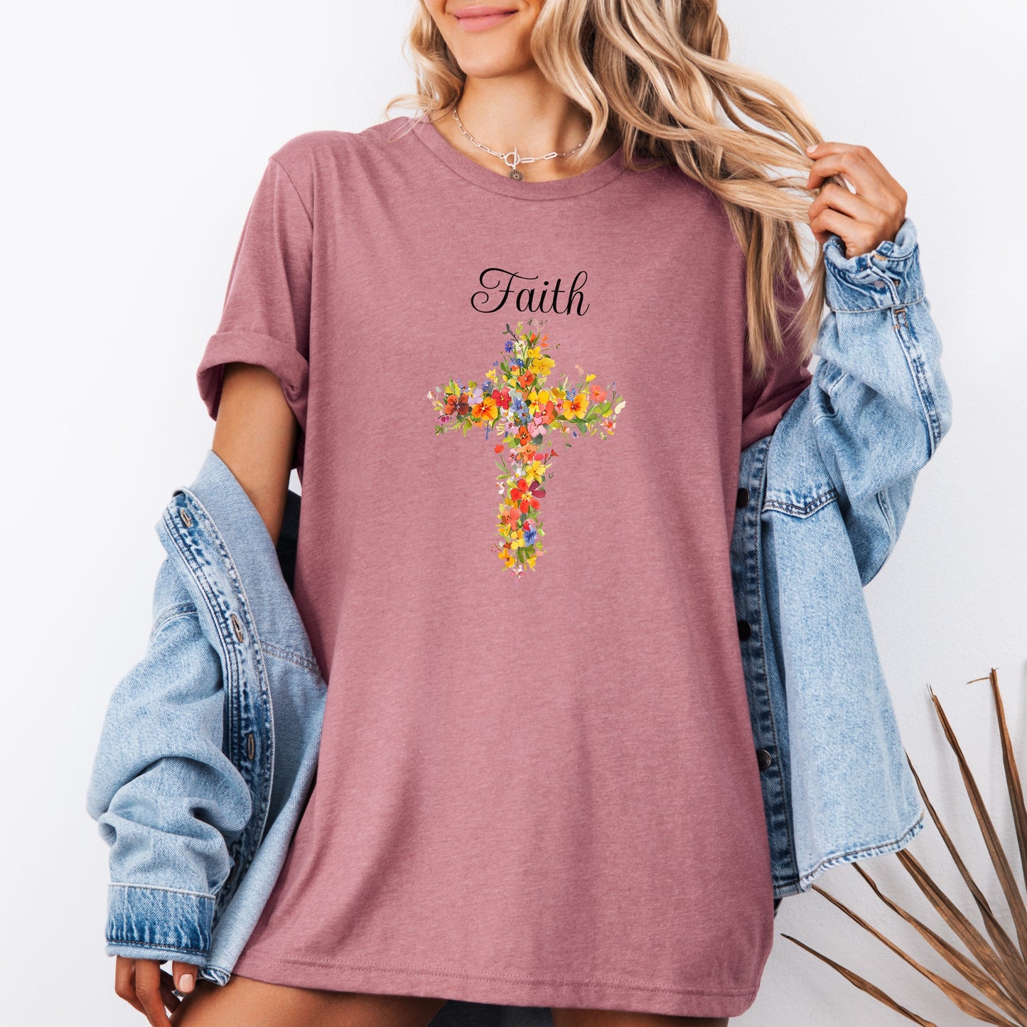 Floral Cross 'Faith' Tee, Christian Inspirational Shirt, Religious Gift for Her, Women's Soft Cotton T-Shirt, Gift Idea, Relaxed Style Tee