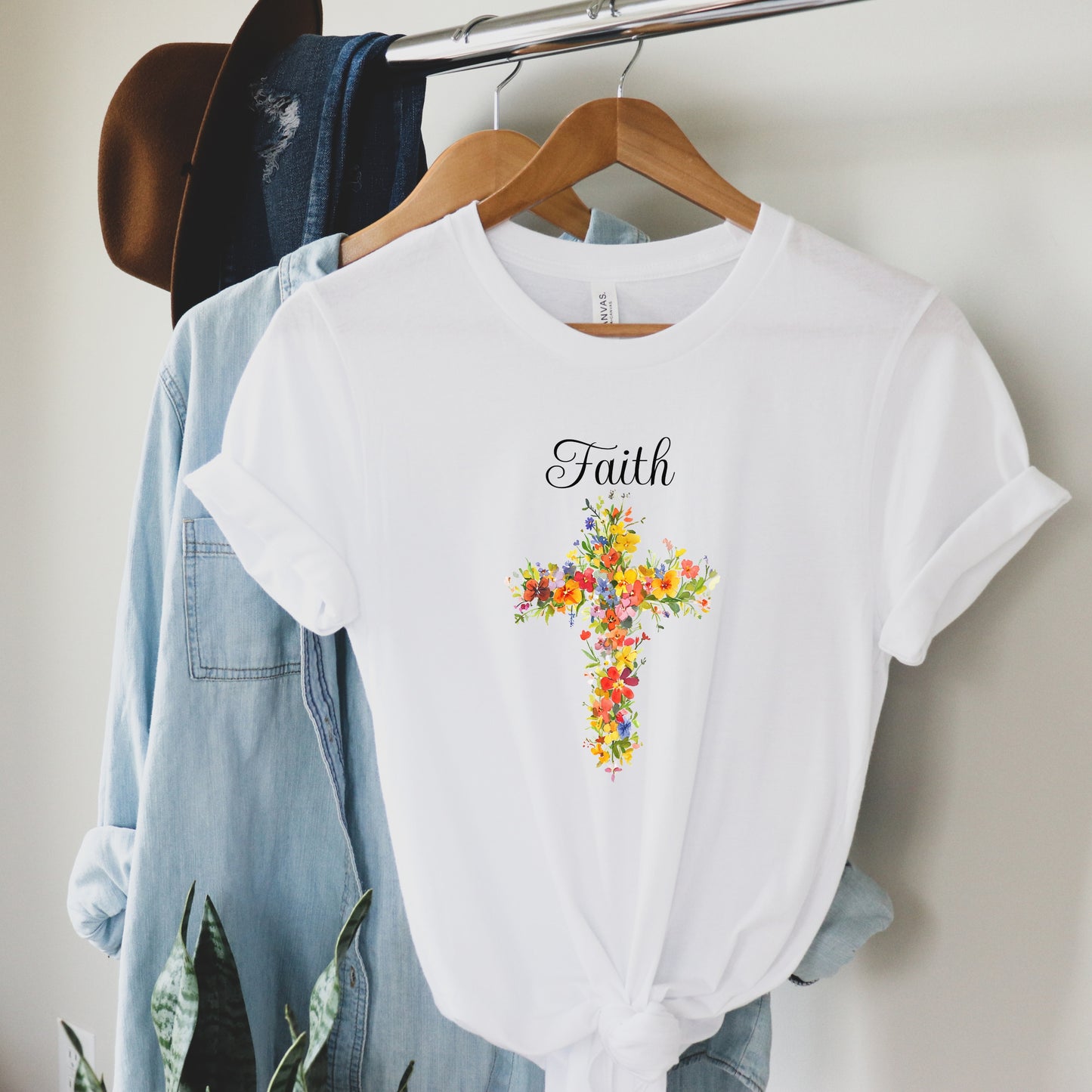 Floral Cross 'Faith' Tee, Christian Inspirational Shirt, Religious Gift for Her, Women's Soft Cotton T-Shirt, Gift Idea, Relaxed Style Tee