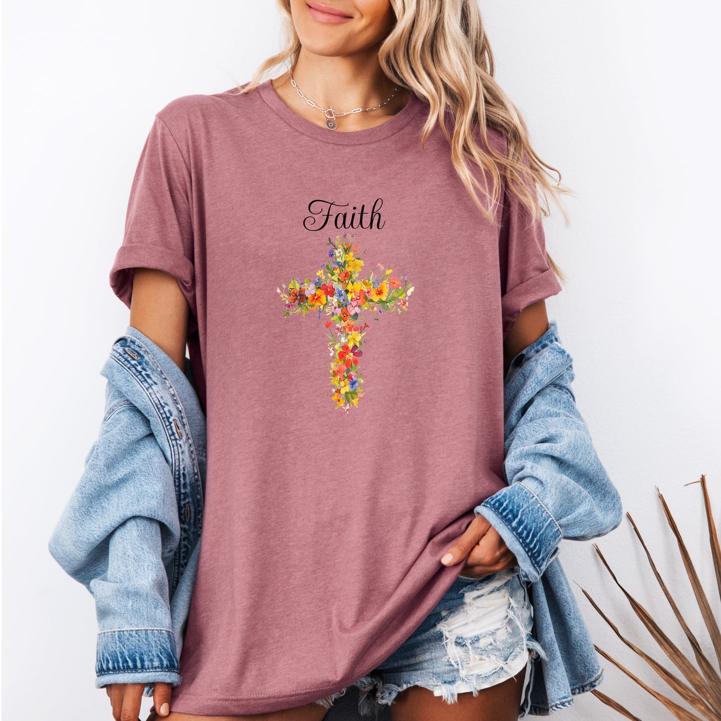 Floral Cross 'Faith' Tee, Christian Inspirational Shirt, Religious Gift for Her, Women's Soft Cotton T-Shirt, Gift Idea, Relaxed Style Tee