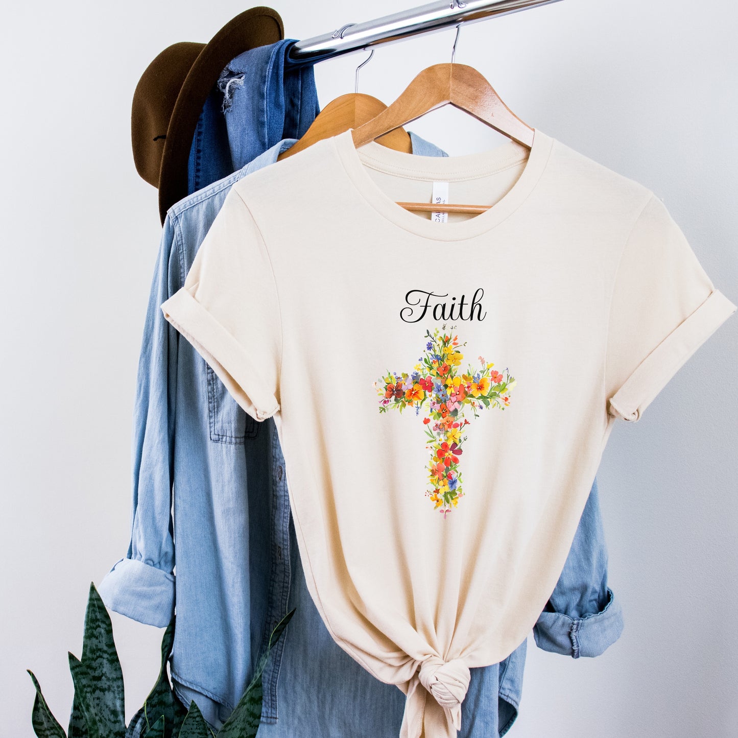 Floral Cross 'Faith' Tee, Christian Inspirational Shirt, Religious Gift for Her, Women's Soft Cotton T-Shirt, Gift Idea, Relaxed Style Tee