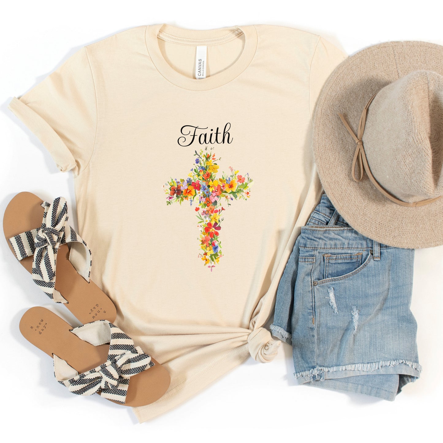 Floral Cross 'Faith' Tee, Christian Inspirational Shirt, Religious Gift for Her, Women's Soft Cotton T-Shirt, Gift Idea, Relaxed Style Tee