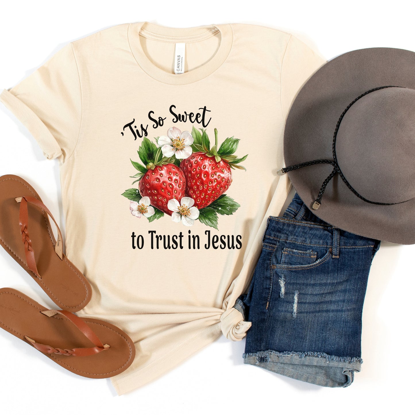 Strawberry Theme Tee, Sweet to Trust in Jesus T-Shirt, Comfortable Christian Top, Casual Women's Shirt, Relaxed Fit, Religious Graphic Tee