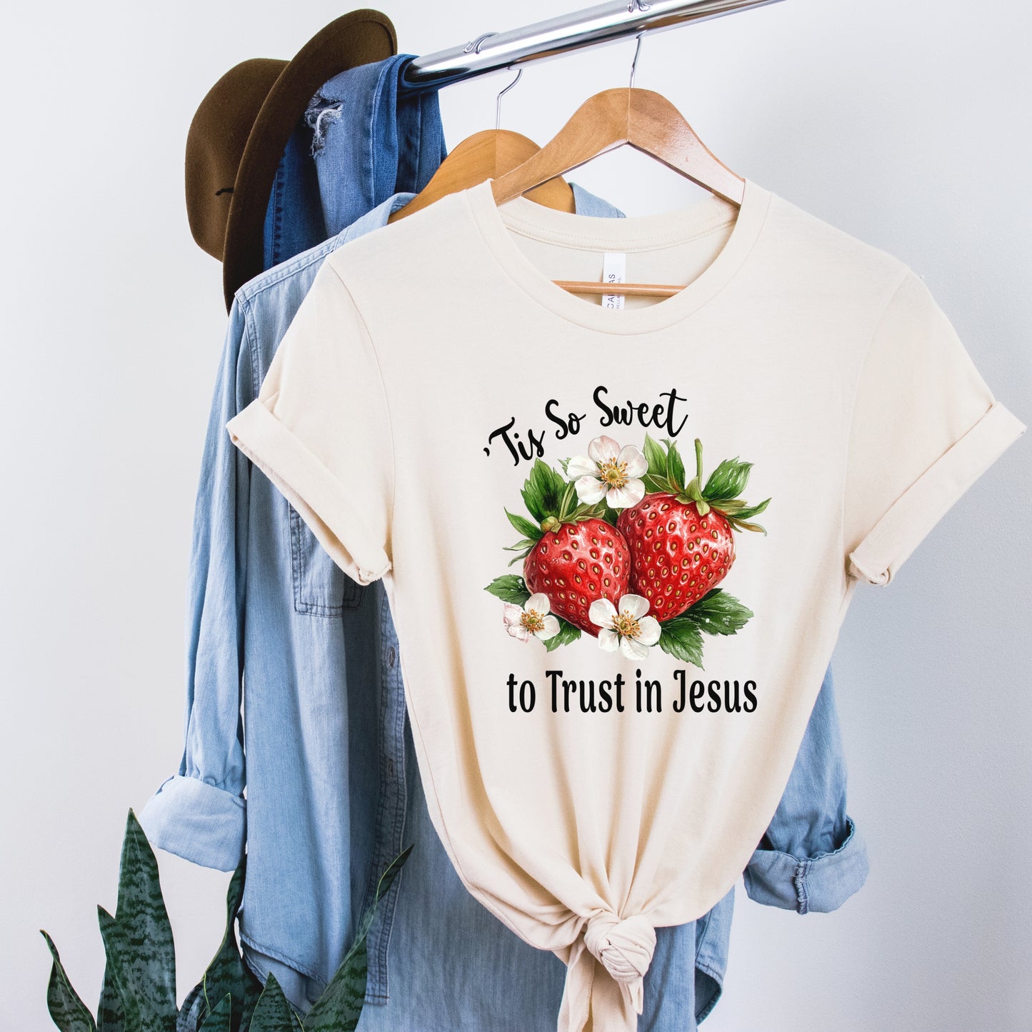 Strawberry Theme Tee, Sweet to Trust in Jesus T-Shirt, Comfortable Christian Top, Casual Women's Shirt, Relaxed Fit, Religious Graphic Tee
