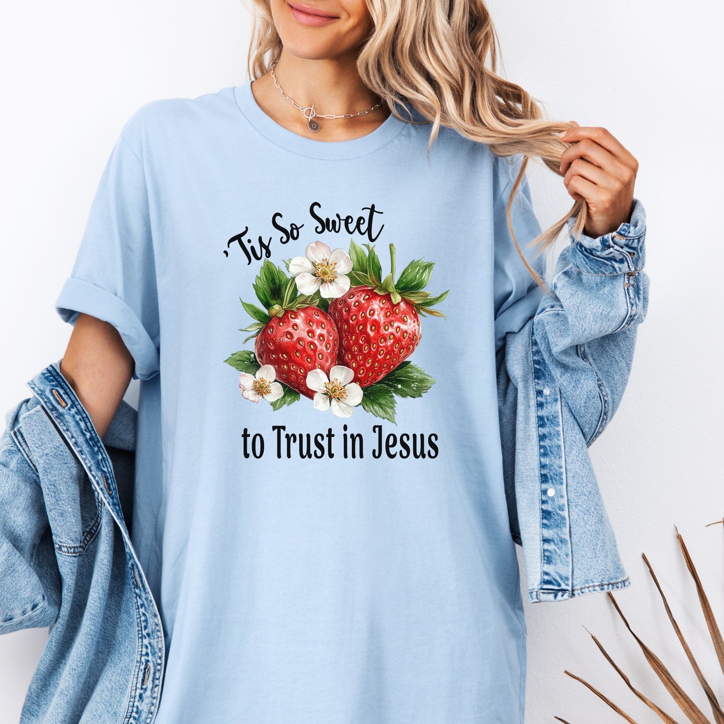 Strawberry Theme Tee, Sweet to Trust in Jesus T-Shirt, Comfortable Christian Top, Casual Women's Shirt, Relaxed Fit, Religious Graphic Tee