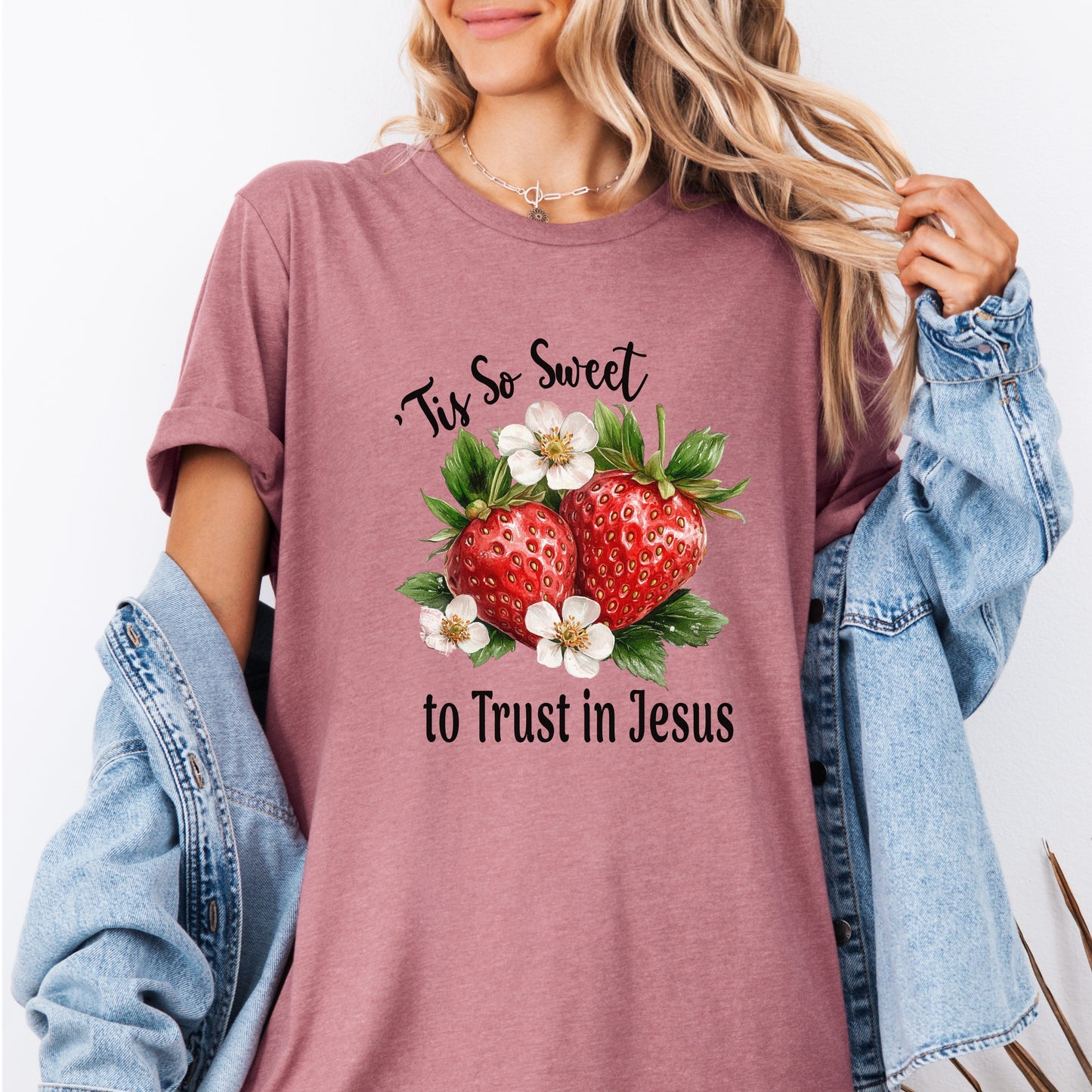 Strawberry Theme Tee, Sweet to Trust in Jesus T-Shirt, Comfortable Christian Top, Casual Women's Shirt, Relaxed Fit, Religious Graphic Tee