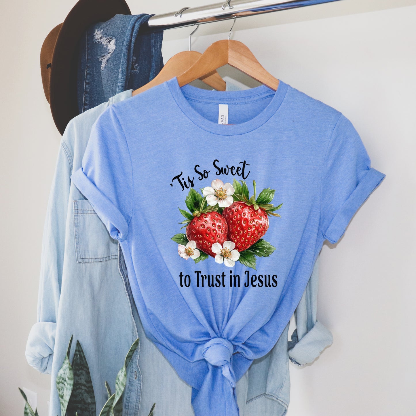 Strawberry Theme Tee, Sweet to Trust in Jesus T-Shirt, Comfortable Christian Top, Casual Women's Shirt, Relaxed Fit, Religious Graphic Tee
