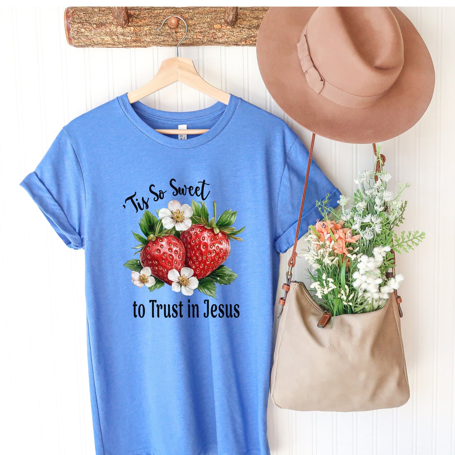 Strawberry Theme Tee, Sweet to Trust in Jesus T-Shirt, Comfortable Christian Top, Casual Women's Shirt, Relaxed Fit, Religious Graphic Tee