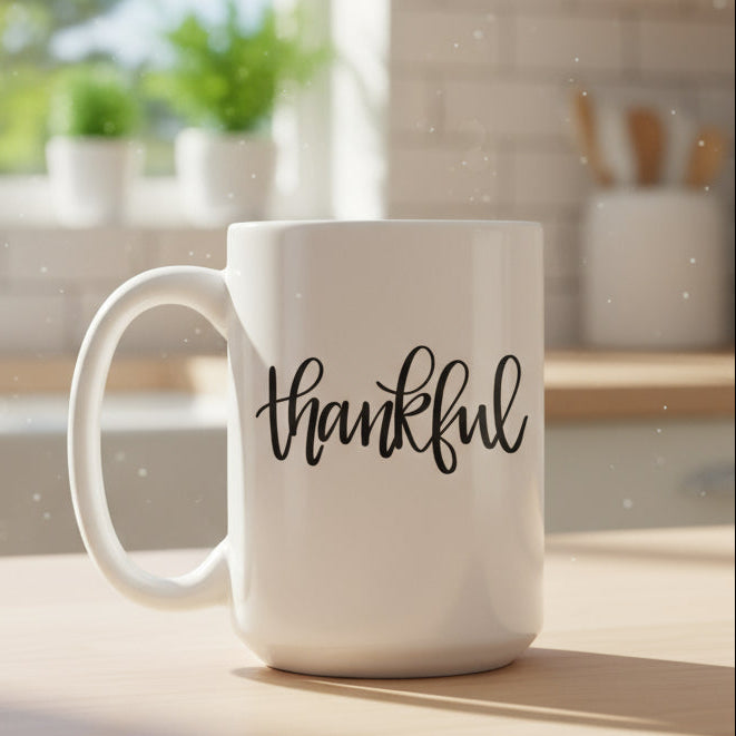 Deluxe Two-Sided 'Thankful' White Ceramic Mug 15oz.