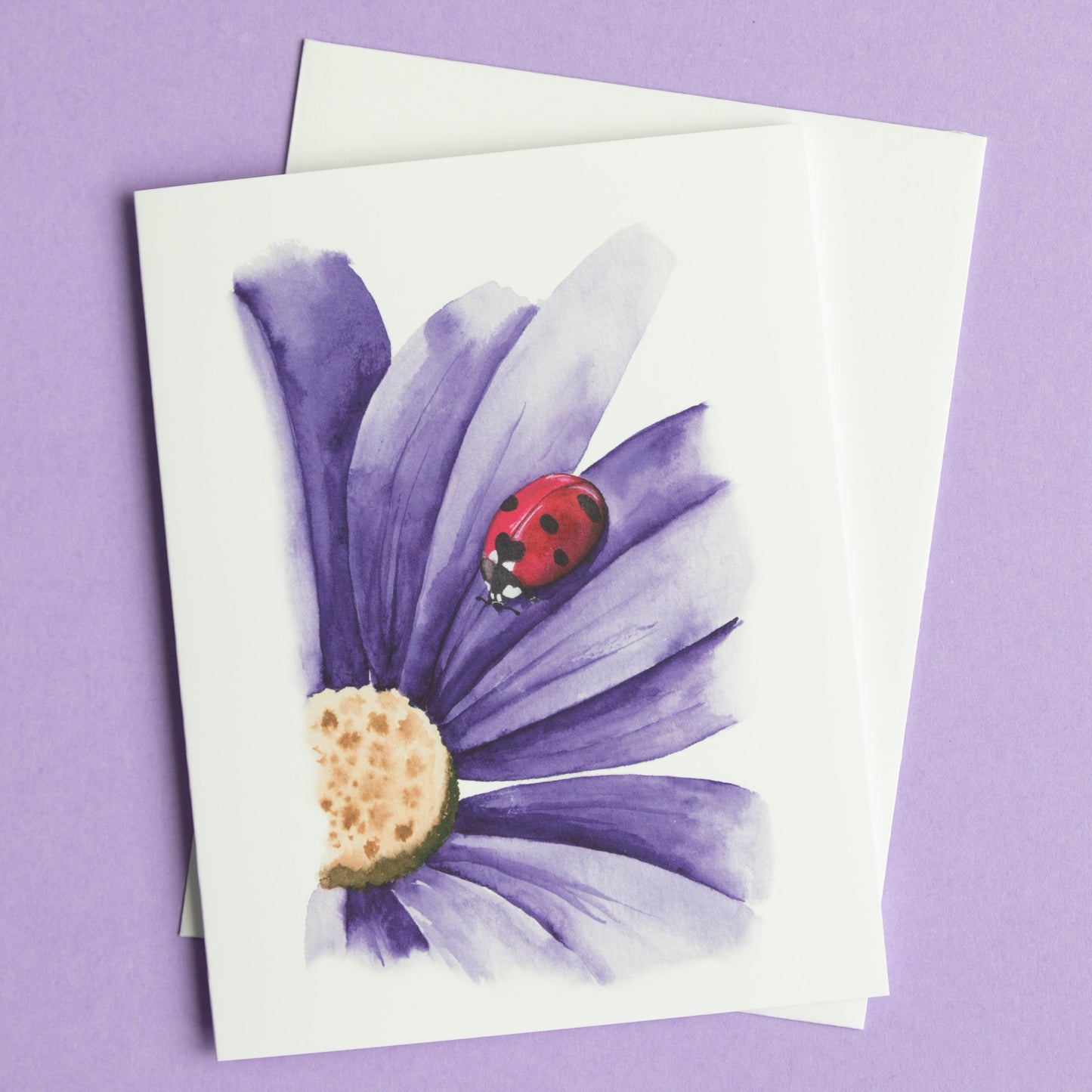 Hand Painted Greeting Card - Lady Bug on Purple Daisy