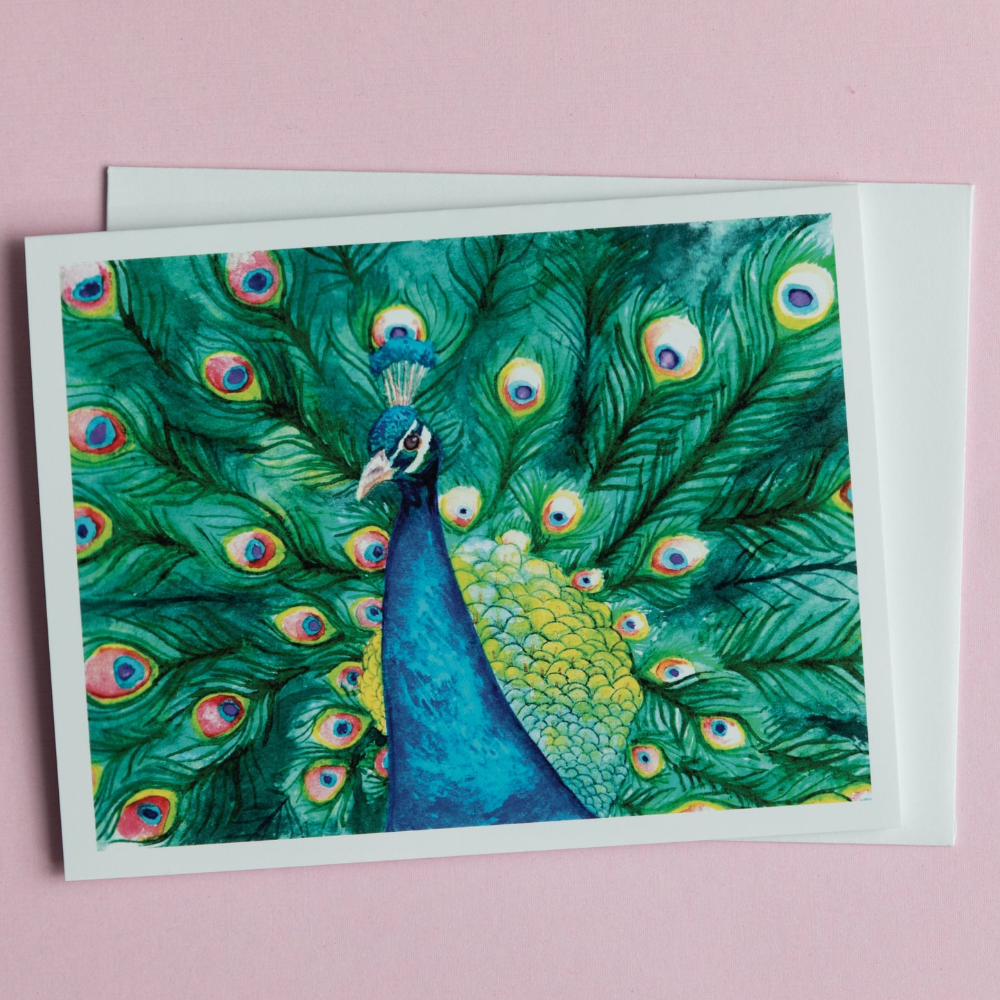 Hand Painted Peacock Design Greeting Card