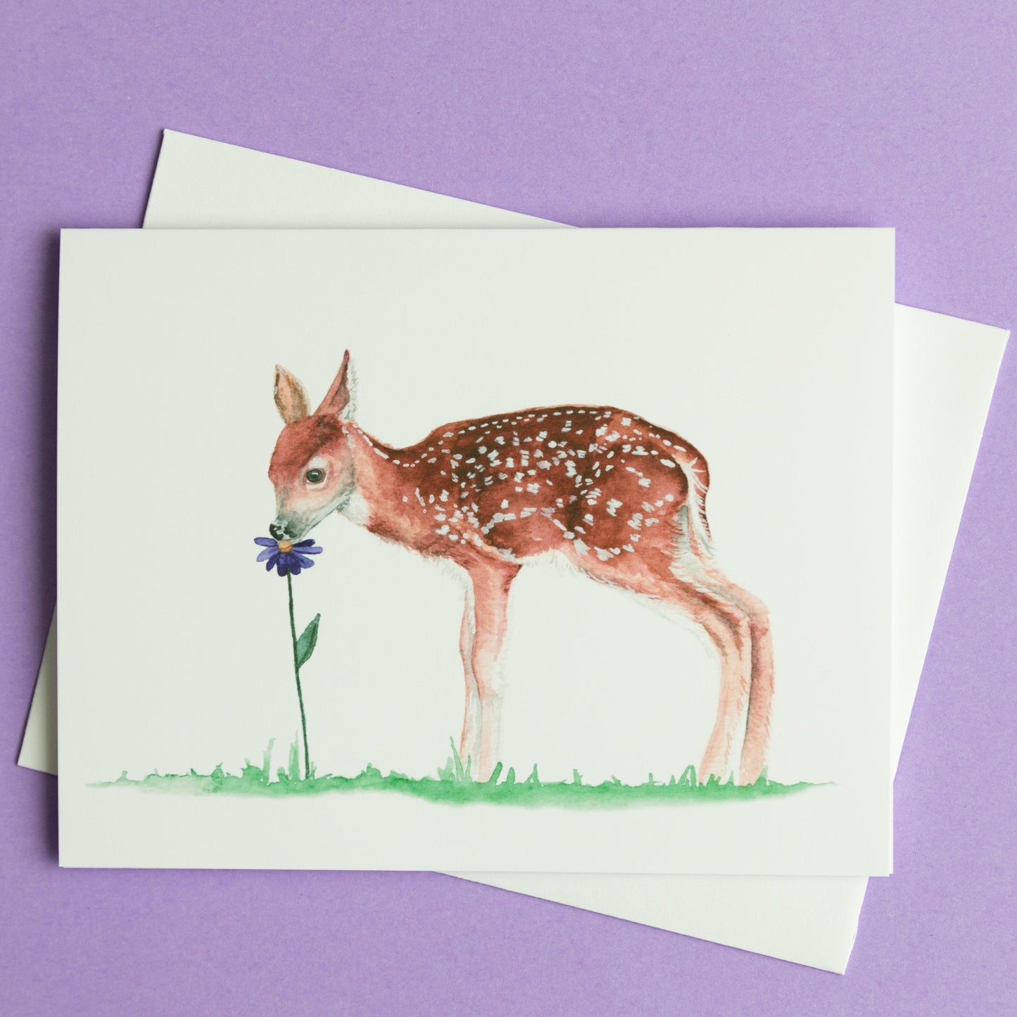 Hand Painted Fawn with Flower Greeting Card