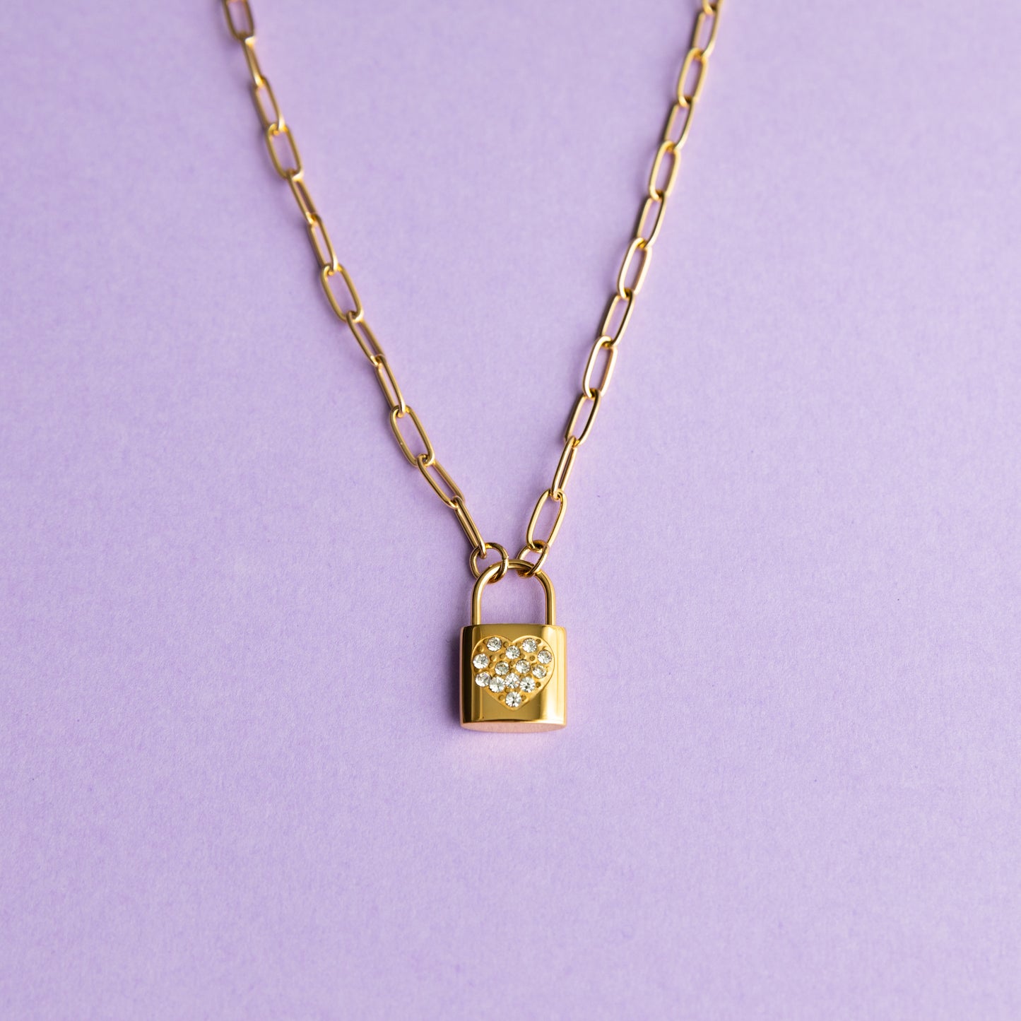 18K Gold Plated Link Chain Necklace with Heart Lock Pendant