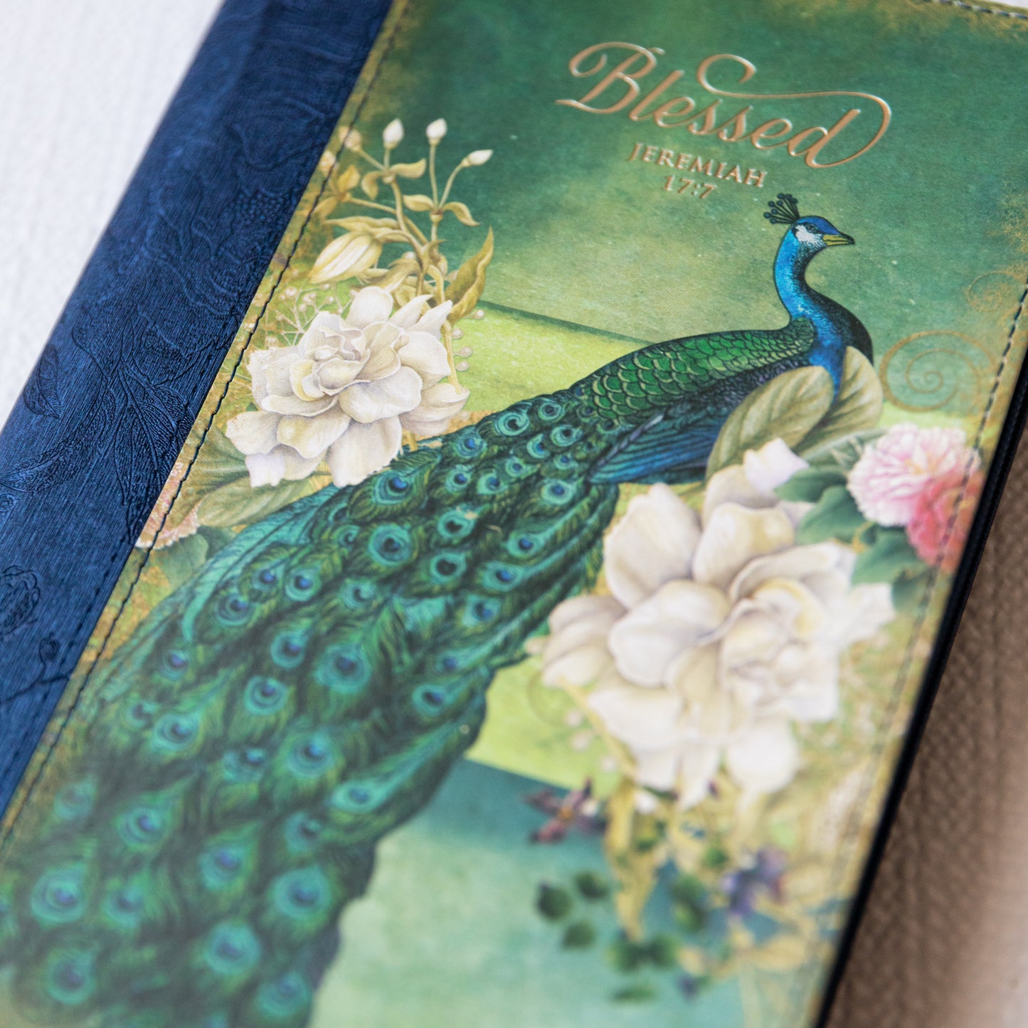 Classic Peacock Faux Leather Soft Cover Journal 'Blessed' Jeremiah 17:7 - Zip Up