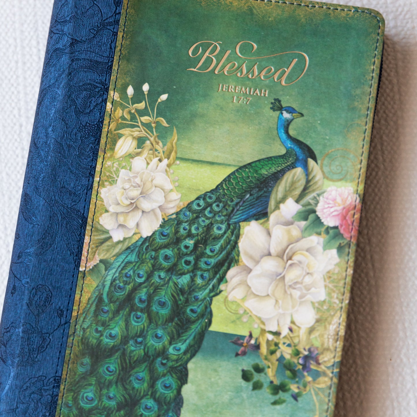 Classic Peacock Faux Leather Soft Cover Journal 'Blessed' Jeremiah 17:7 - Zip Up
