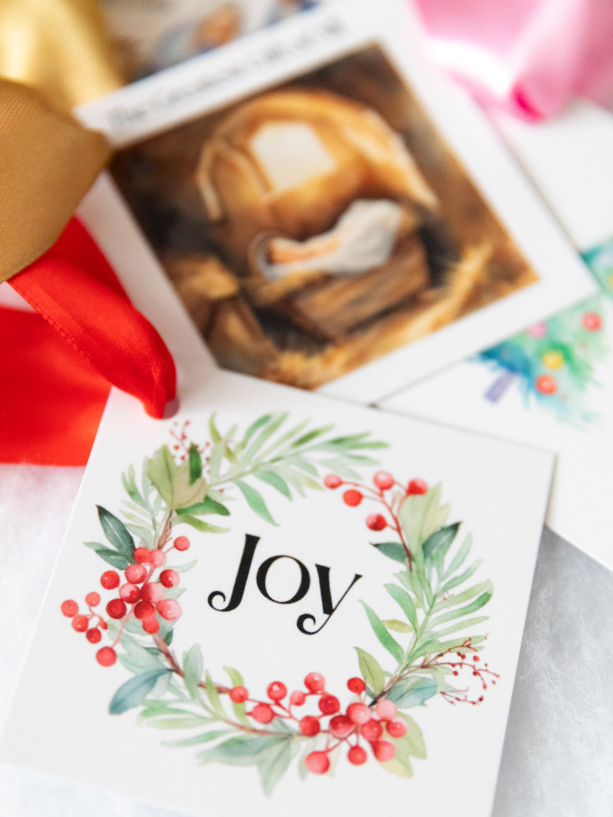 'Joy' Wreath Christmas Gift Tags | 3" Square Cardstock | Set of 10