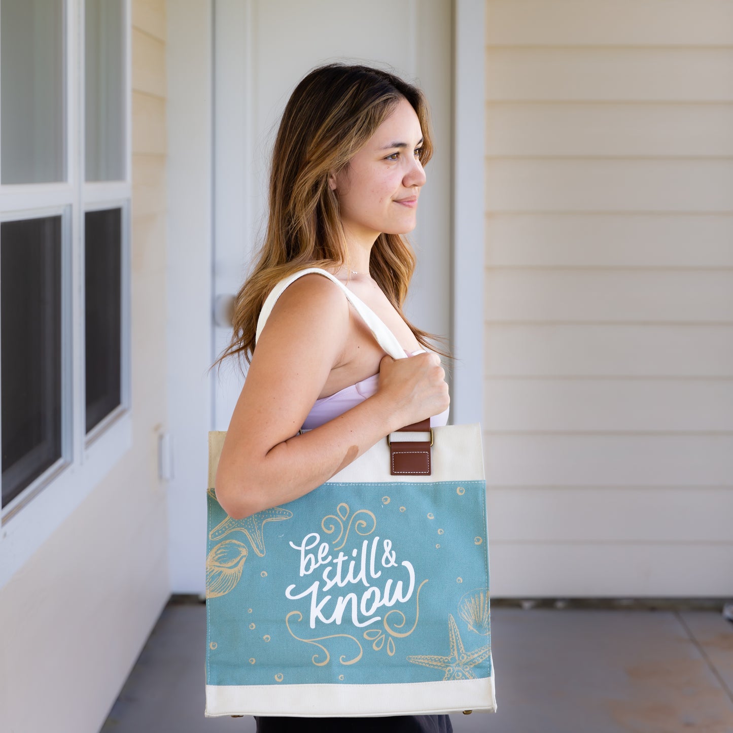 Canvas Tote Bag, Durable Heavy Cotton, Canvas Tote Bag, Serene Beach Shell Design, 'Be Still and Know' Psalm 46:10.