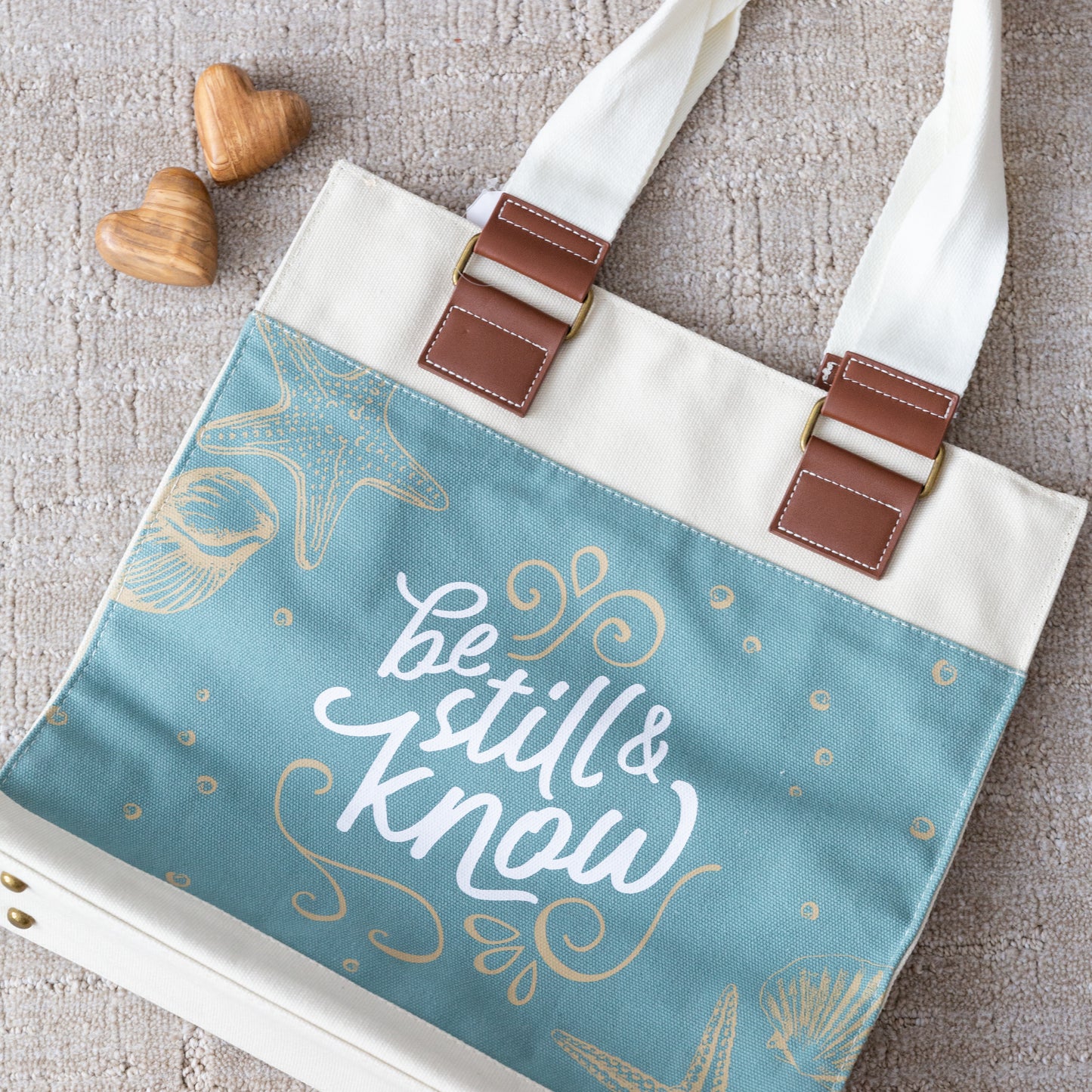 Canvas Tote Bag, Durable Heavy Cotton, Canvas Tote Bag, Serene Beach Shell Design, 'Be Still and Know' Psalm 46:10.