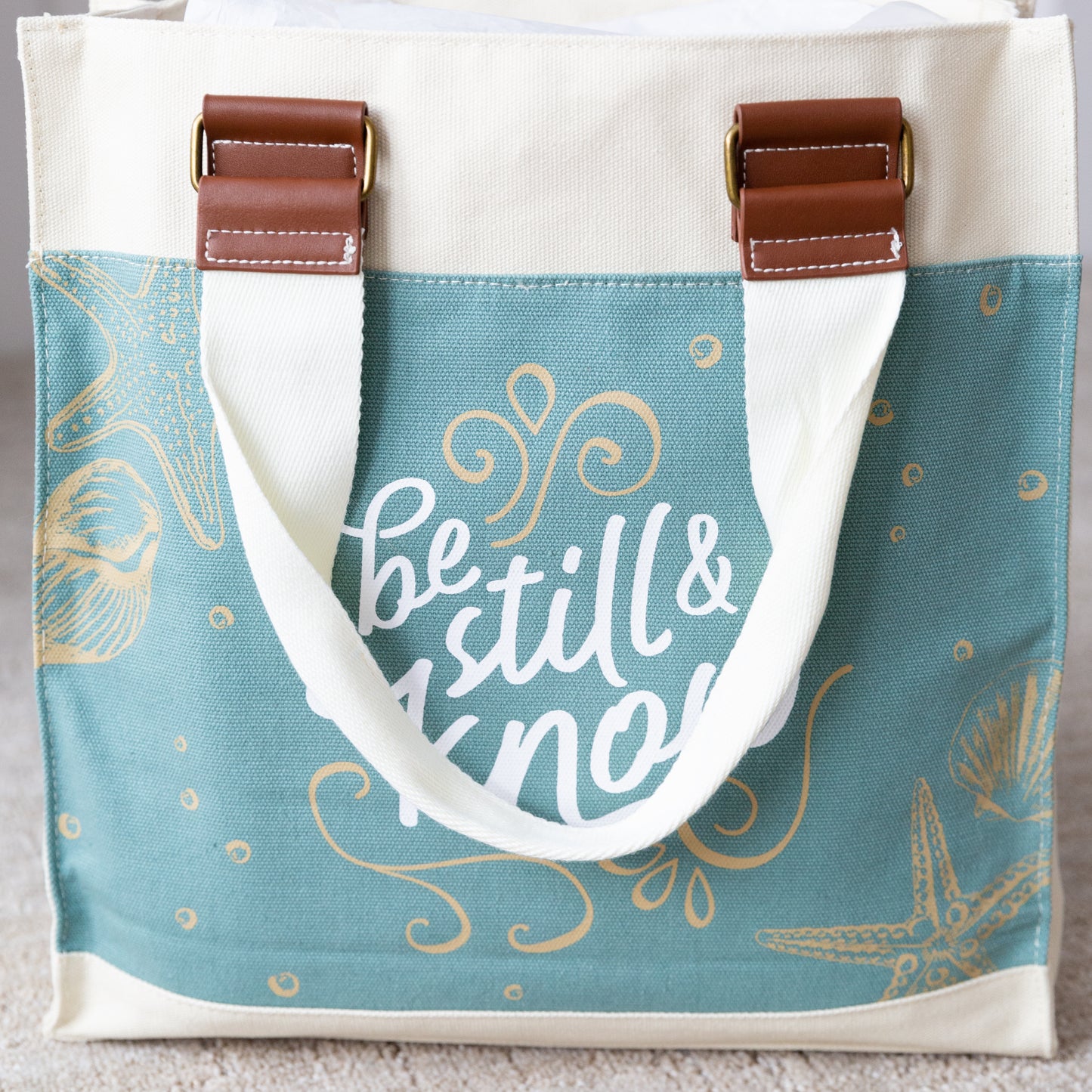 Canvas Tote Bag, Durable Heavy Cotton, Canvas Tote Bag, Serene Beach Shell Design, 'Be Still and Know' Psalm 46:10.