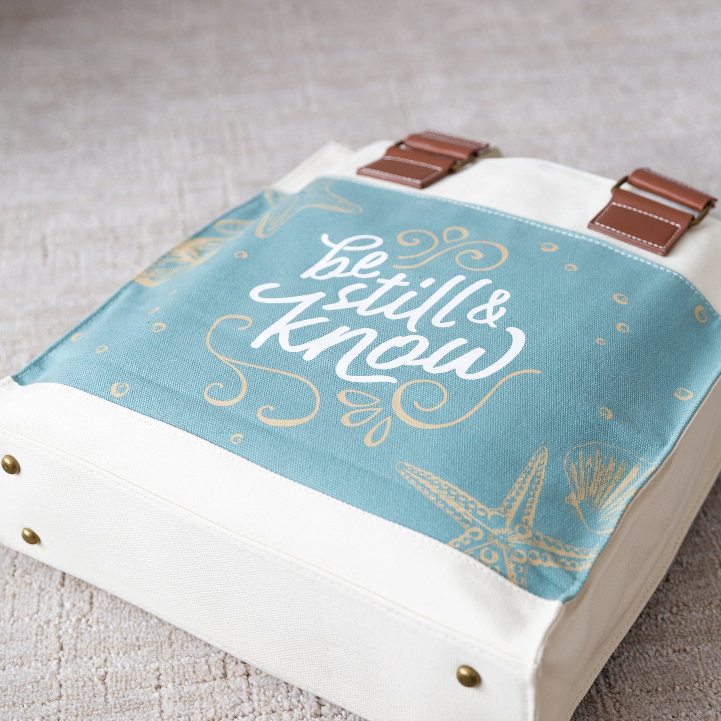 Canvas Tote Bag, Durable Heavy Cotton, Canvas Tote Bag, Serene Beach Shell Design, 'Be Still and Know' Psalm 46:10.
