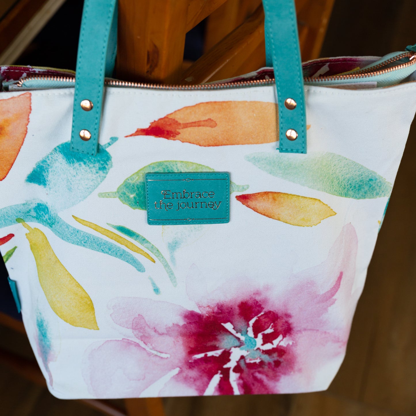 Canvas Tote Bag, Large Watercolored Floral Design, 'Embrace the Journey' Tote Bag,