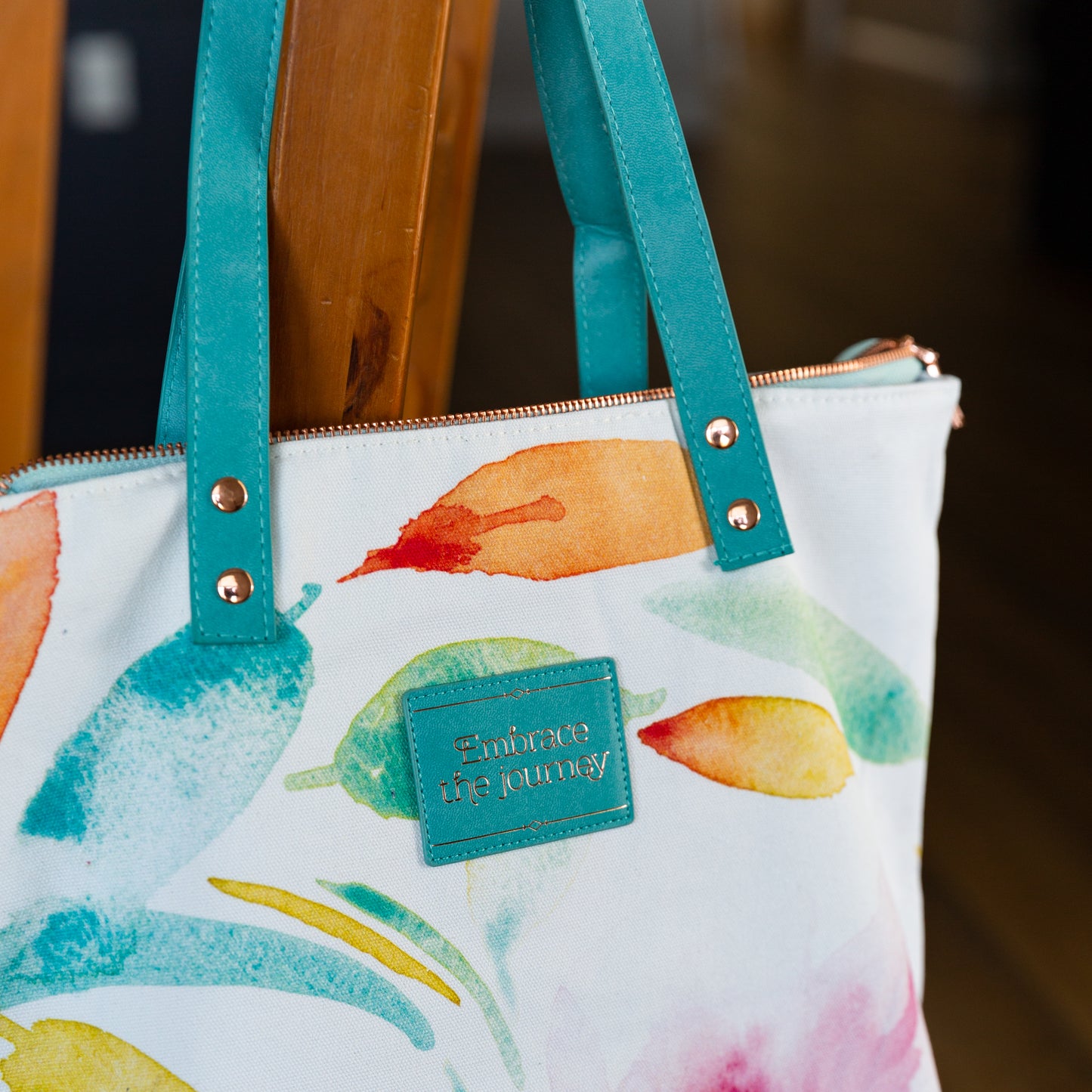 Canvas Tote Bag, Large Watercolored Floral Design, 'Embrace the Journey' Tote Bag,