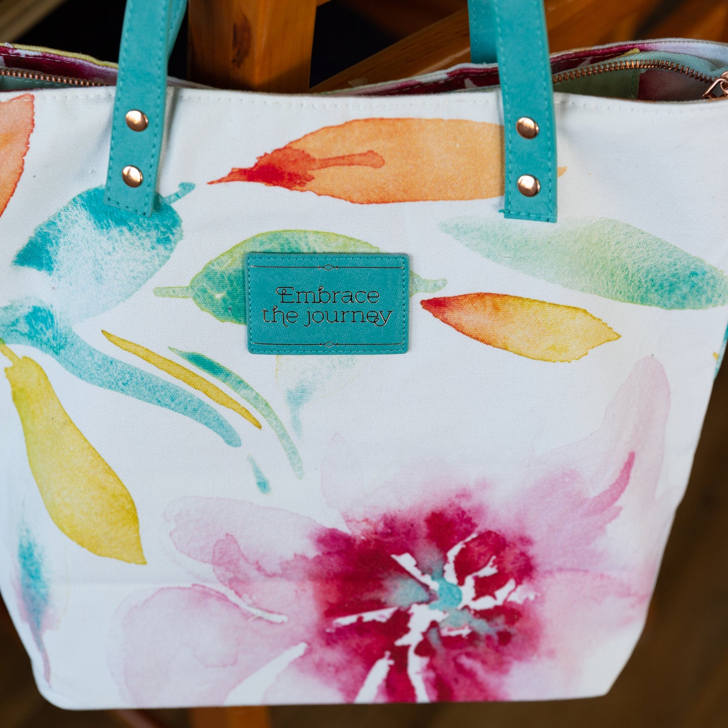 Canvas Tote Bag, Large Watercolored Floral Design, 'Embrace the Journey' Tote Bag,