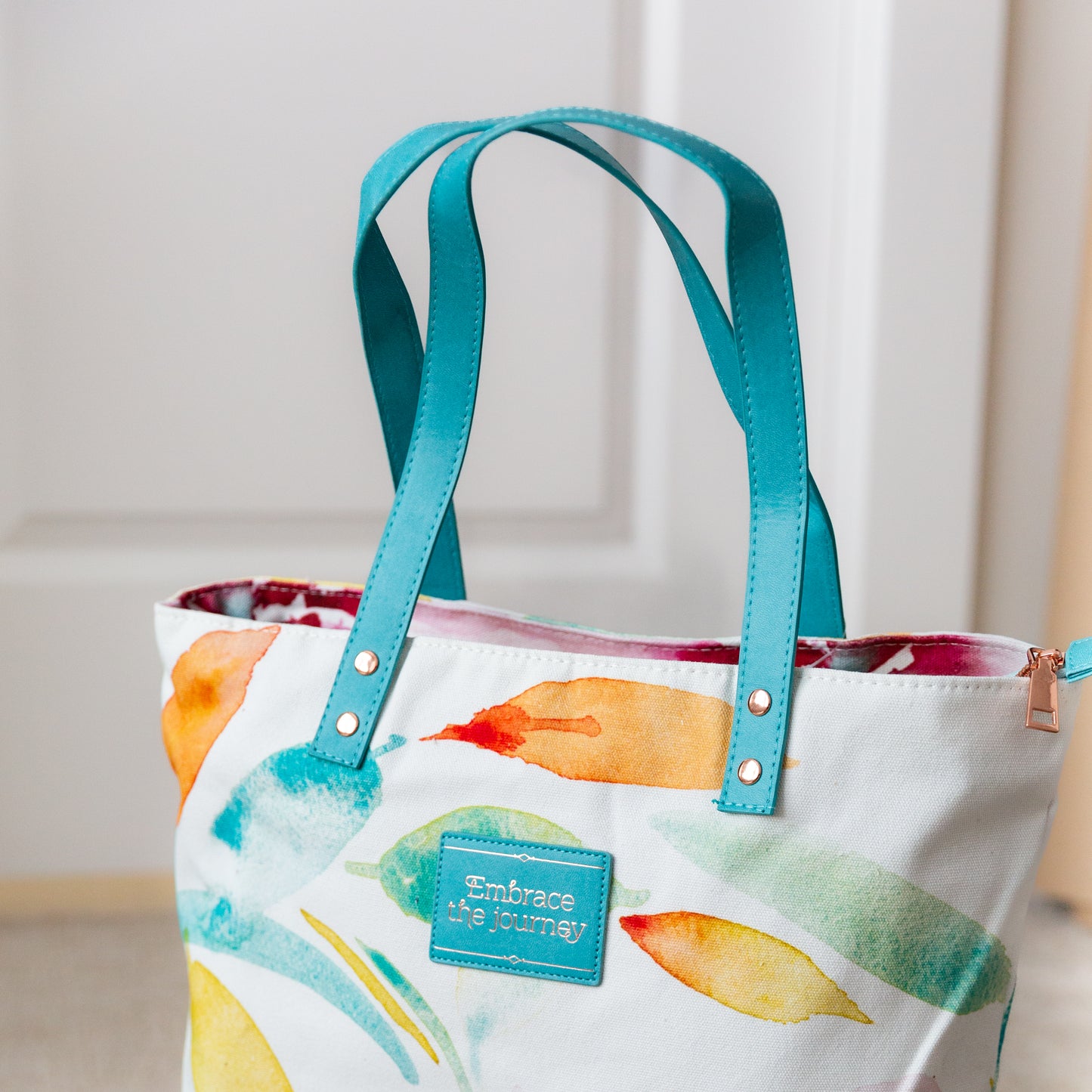 Canvas Tote Bag, Large Watercolored Floral Design, 'Embrace the Journey' Tote Bag,
