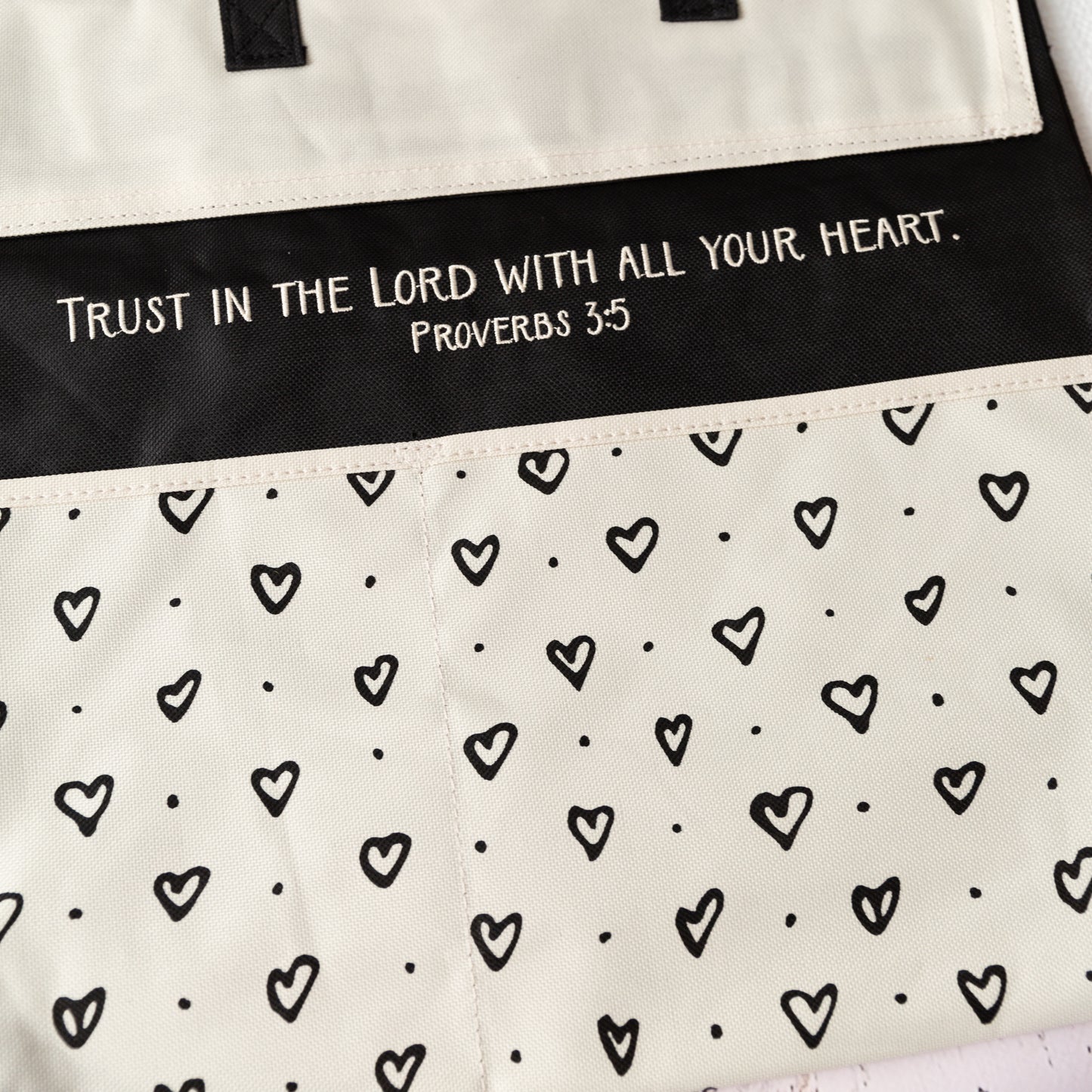 Trust in the Lord.. Cream Nylon/Canvas Tote, Durable Tote with pockets,Heart Pattern Print