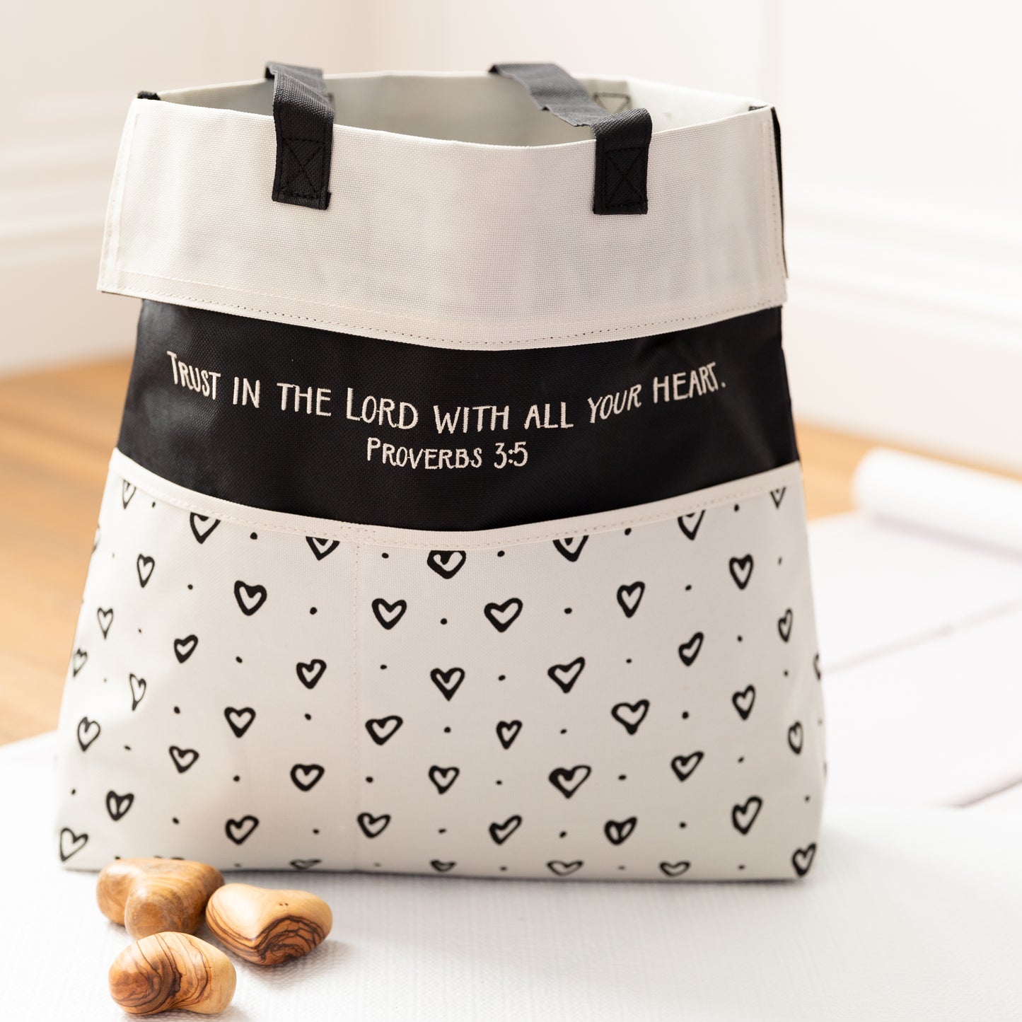 Trust in the Lord.. Cream Nylon/Canvas Tote, Durable Tote with pockets,Heart Pattern Print