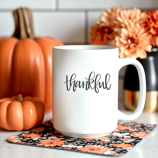 Deluxe Two-Sided 'Thankful' White Ceramic Mug 15oz.