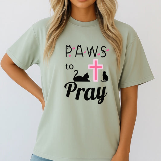 'Paws to Pray' Ladies Soft T-shirt, Prayer Jesus and Cat Lover Top
