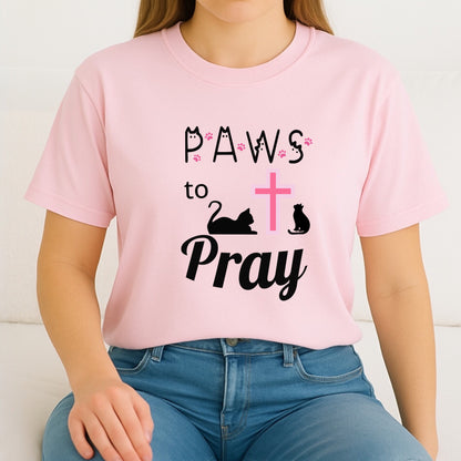 'Paws to Pray' Ladies Soft T-shirt, Prayer Jesus and Cat Lover Top