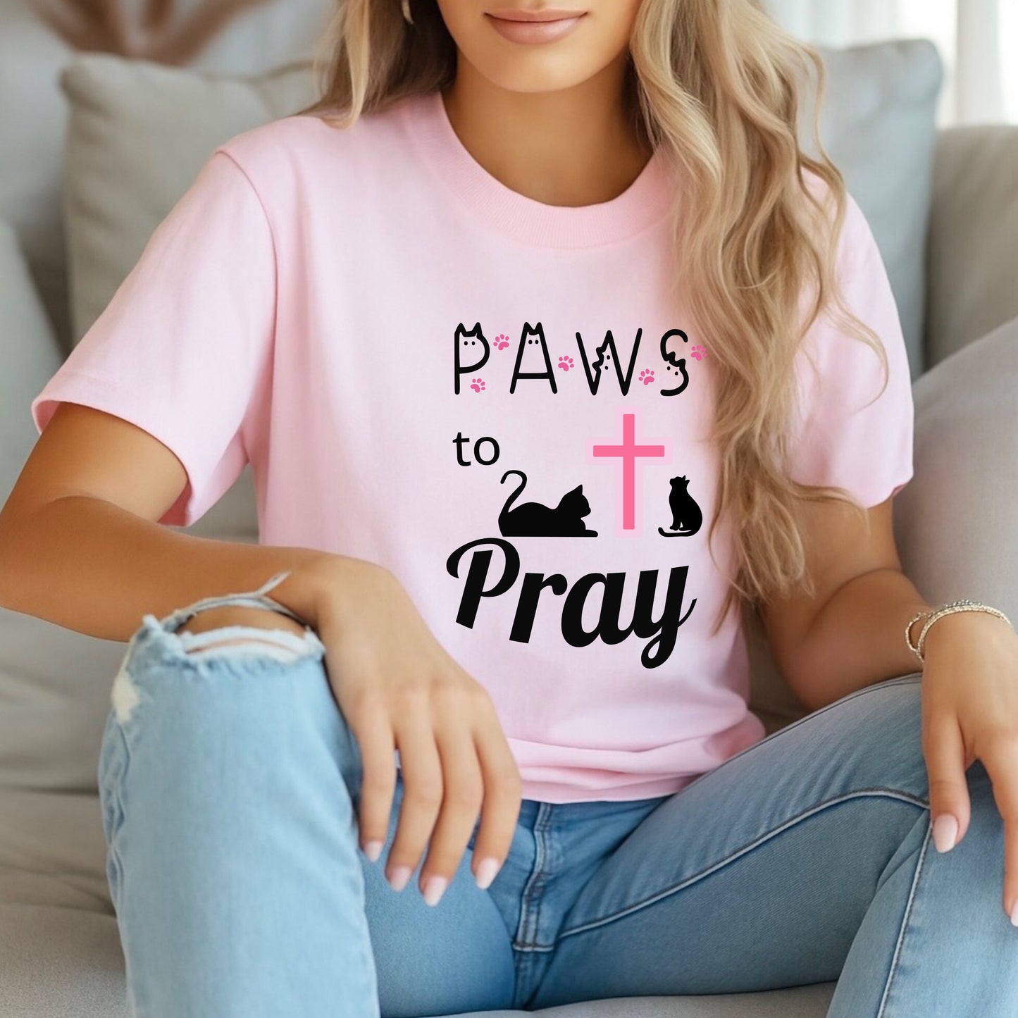 'Paws to Pray' Ladies Soft T-shirt, Prayer Jesus and Cat Lover Top