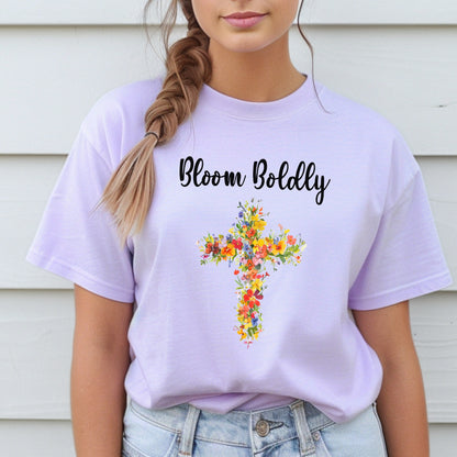 Women's 'Bloom Boldly' Floral Cross T-Shirt | Unisex Tee, Wildflowers, Casual Wear, Relaxed Style T-Shirt, Floral, Cross Design Top