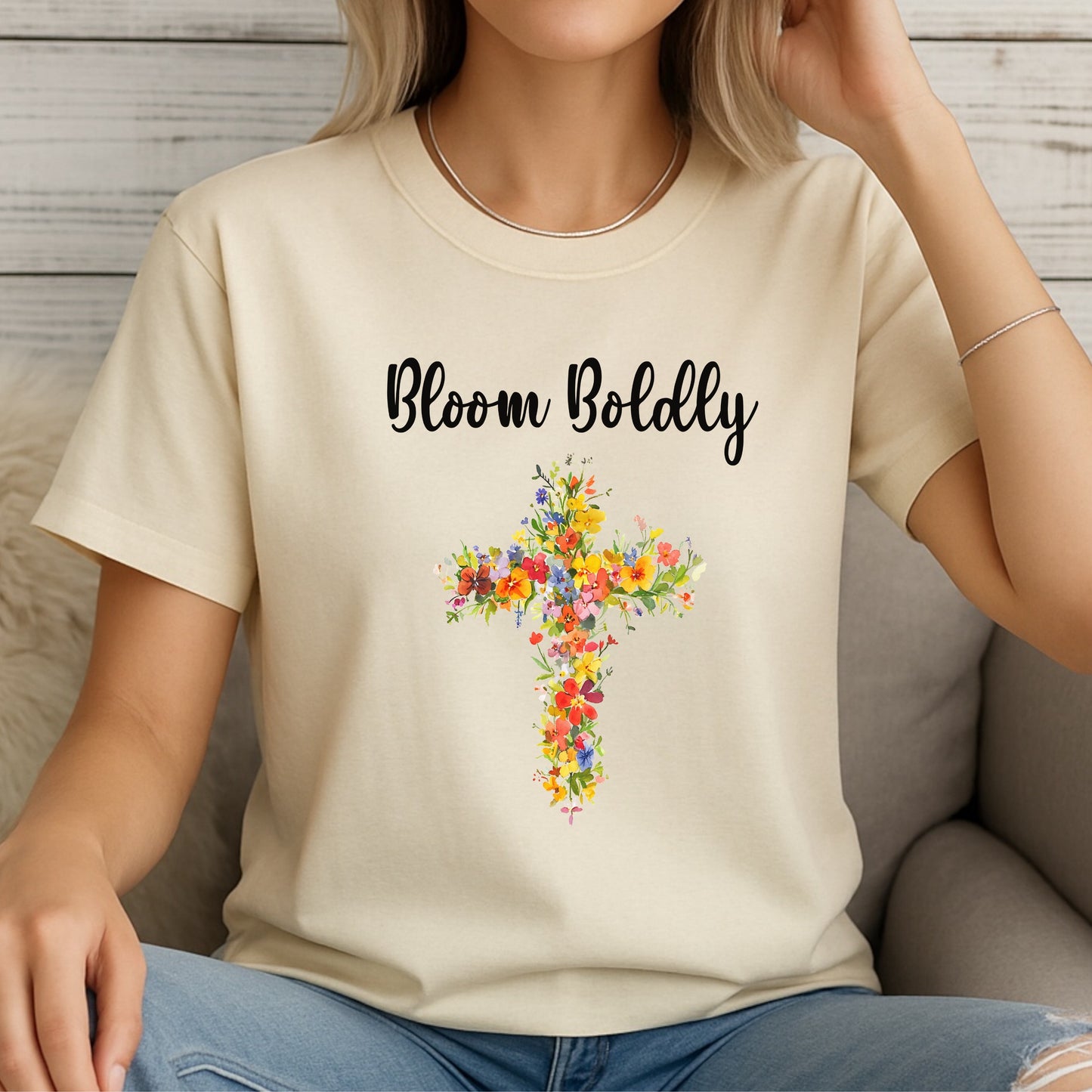 Women's 'Bloom Boldly' Floral Cross T-Shirt | Unisex Tee, Wildflowers, Casual Wear, Relaxed Style T-Shirt, Floral, Cross Design Top