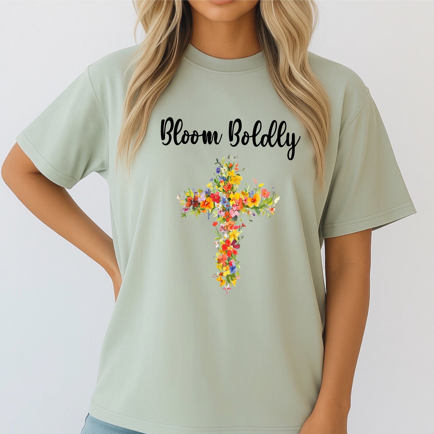 Women's 'Bloom Boldly' Floral Cross T-Shirt | Unisex Tee, Wildflowers, Casual Wear, Relaxed Style T-Shirt, Floral, Cross Design Top