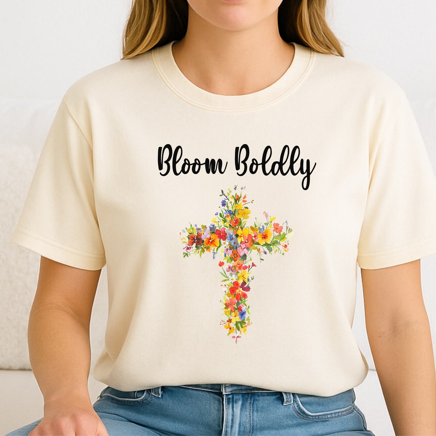 Women's 'Bloom Boldly' Floral Cross T-Shirt | Unisex Tee, Wildflowers, Casual Wear, Relaxed Style T-Shirt, Floral, Cross Design Top