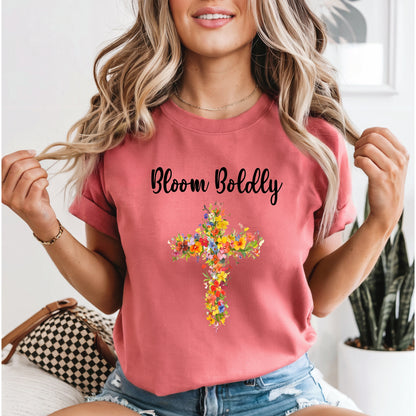 Women's 'Bloom Boldly' Floral Cross T-Shirt | Unisex Tee, Wildflowers, Casual Wear, Relaxed Style T-Shirt, Floral, Cross Design Top