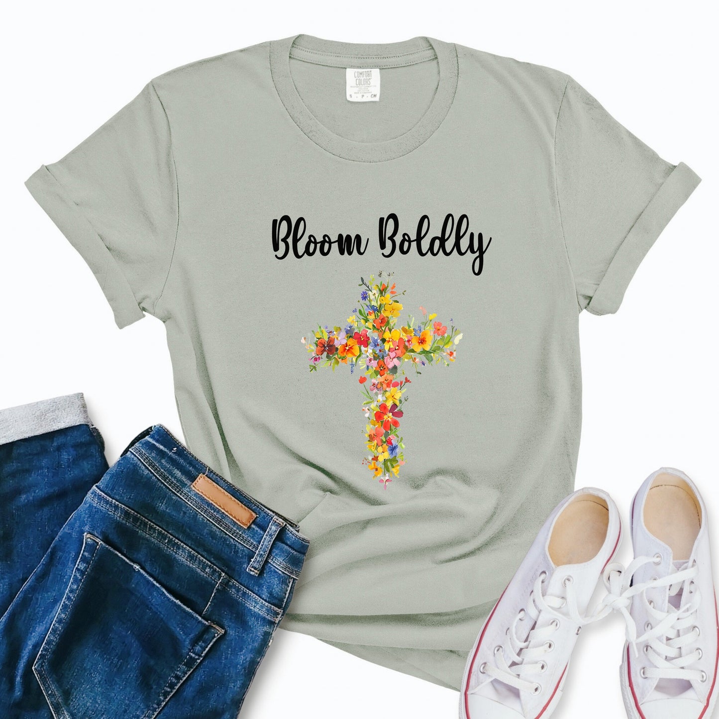 Women's 'Bloom Boldly' Floral Cross T-Shirt | Unisex Tee, Wildflowers, Casual Wear, Relaxed Style T-Shirt, Floral, Cross Design Top