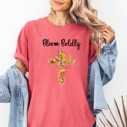 Women's 'Bloom Boldly' Floral Cross T-Shirt | Unisex Tee, Wildflowers, Casual Wear, Relaxed Style T-Shirt, Floral, Cross Design Top