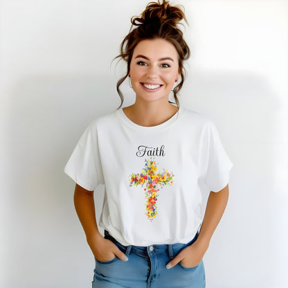 Floral Cross 'Faith' Tee, Christian Inspirational Shirt, Religious Gift for Her, Women's Soft Cotton T-Shirt, Gift Idea, Relaxed Style Tee