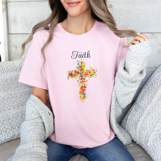 Floral Cross 'Faith' Tee, Christian Inspirational Shirt, Religious Gift for Her, Women's Soft Cotton T-Shirt, Gift Idea, Relaxed Style Tee